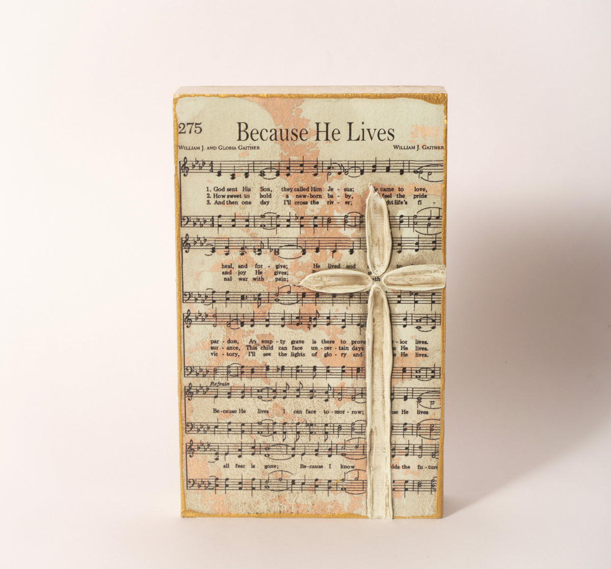 Hand-painted wooden hymn and cross block, 6 by 9 inches, sold at Thistles in Pella, Iowa
