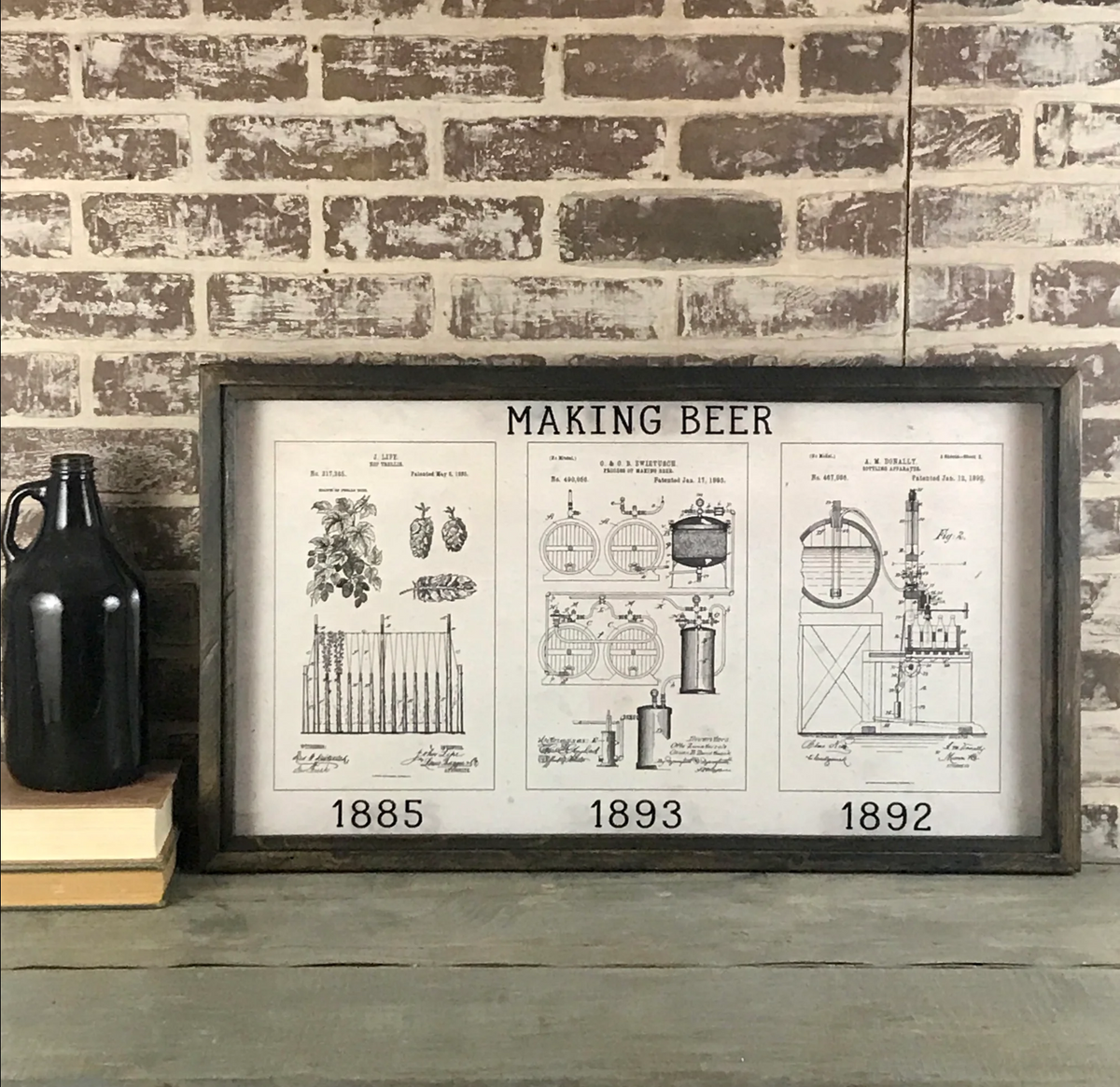 Framed trio of beer-themed patent illustrations, sold at Thistles in Pella, Iowa